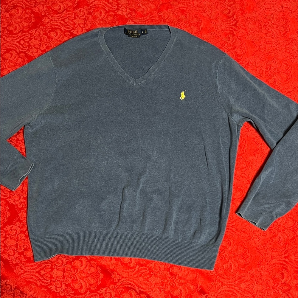 Polo Ralph Lauren Men’s Large Navy Pima Cotton V-Neck Sweater Yellow Pony